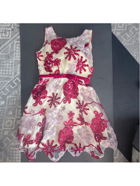 Metisu Elegant Cream & Red Floral Embroidery Dress (XS)